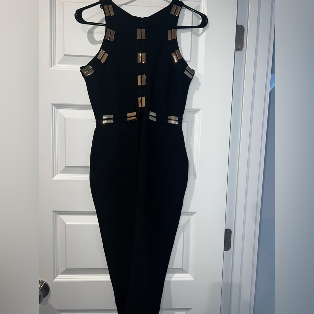 House of CB Flynn Black Bandage Dress with Gold Embellishments